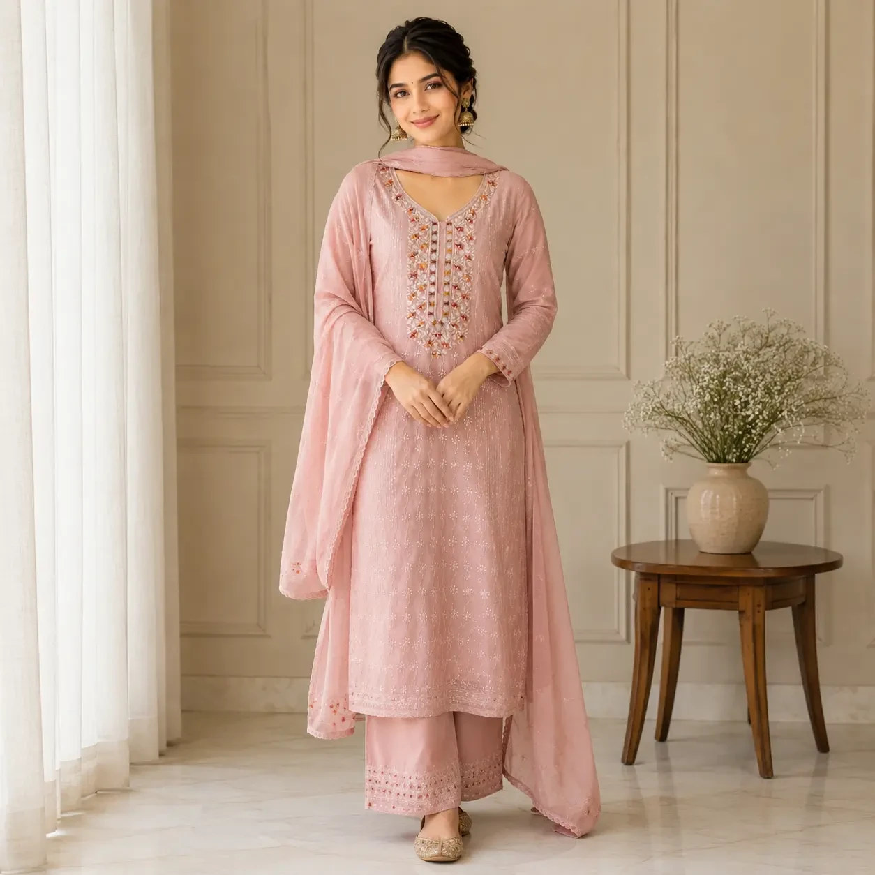 Tiya Blush Pink Embroidered Unstitched Suit Set
