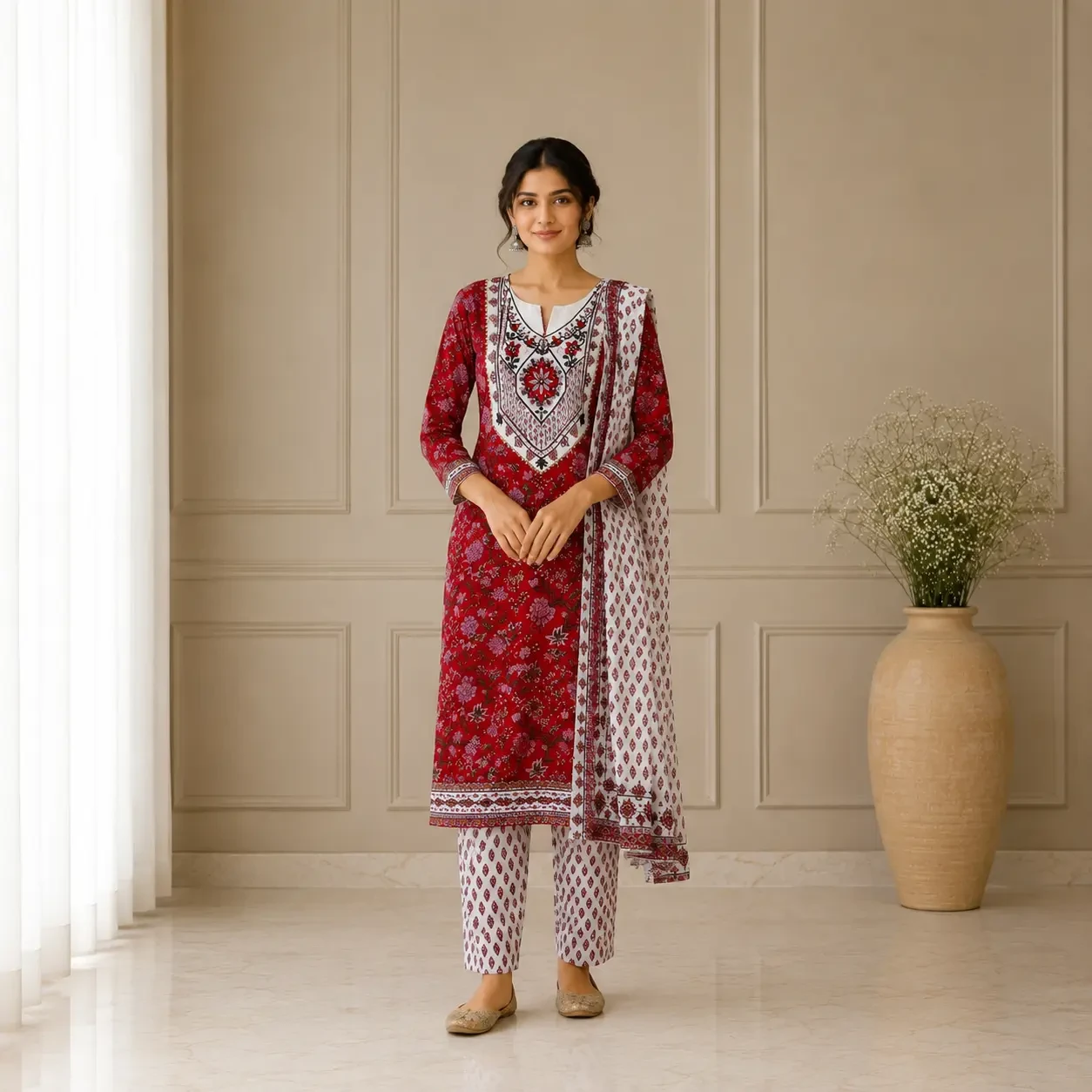 Diya Red Floral Printed Unstitched Suit Set
