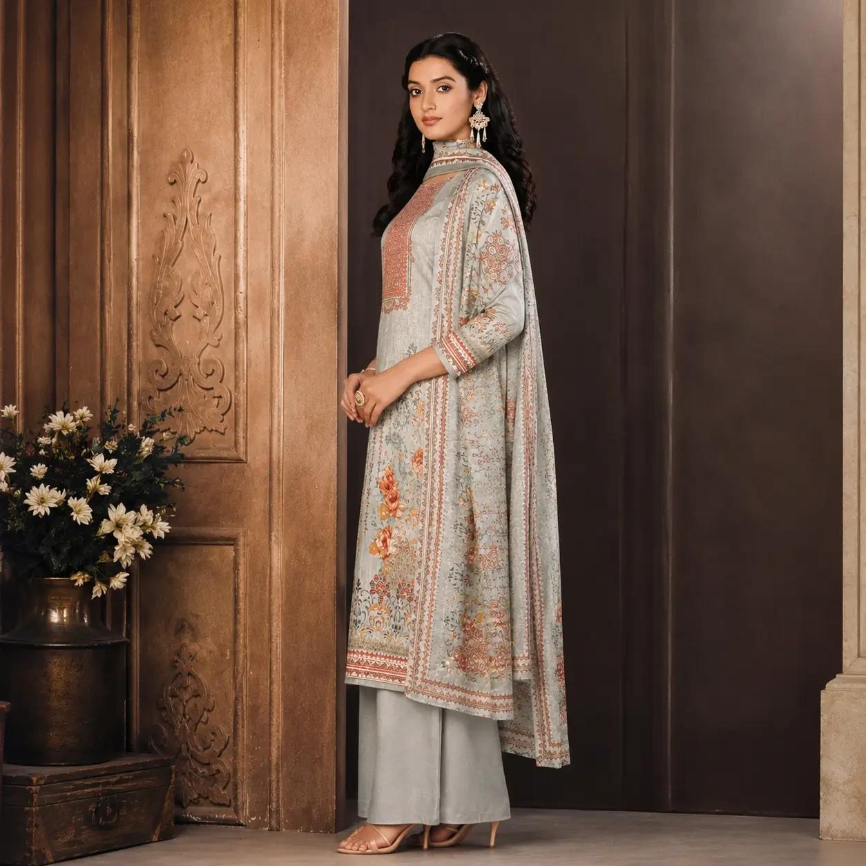 Diya Grey Floral Cotton Mal Unstitched Suit Set