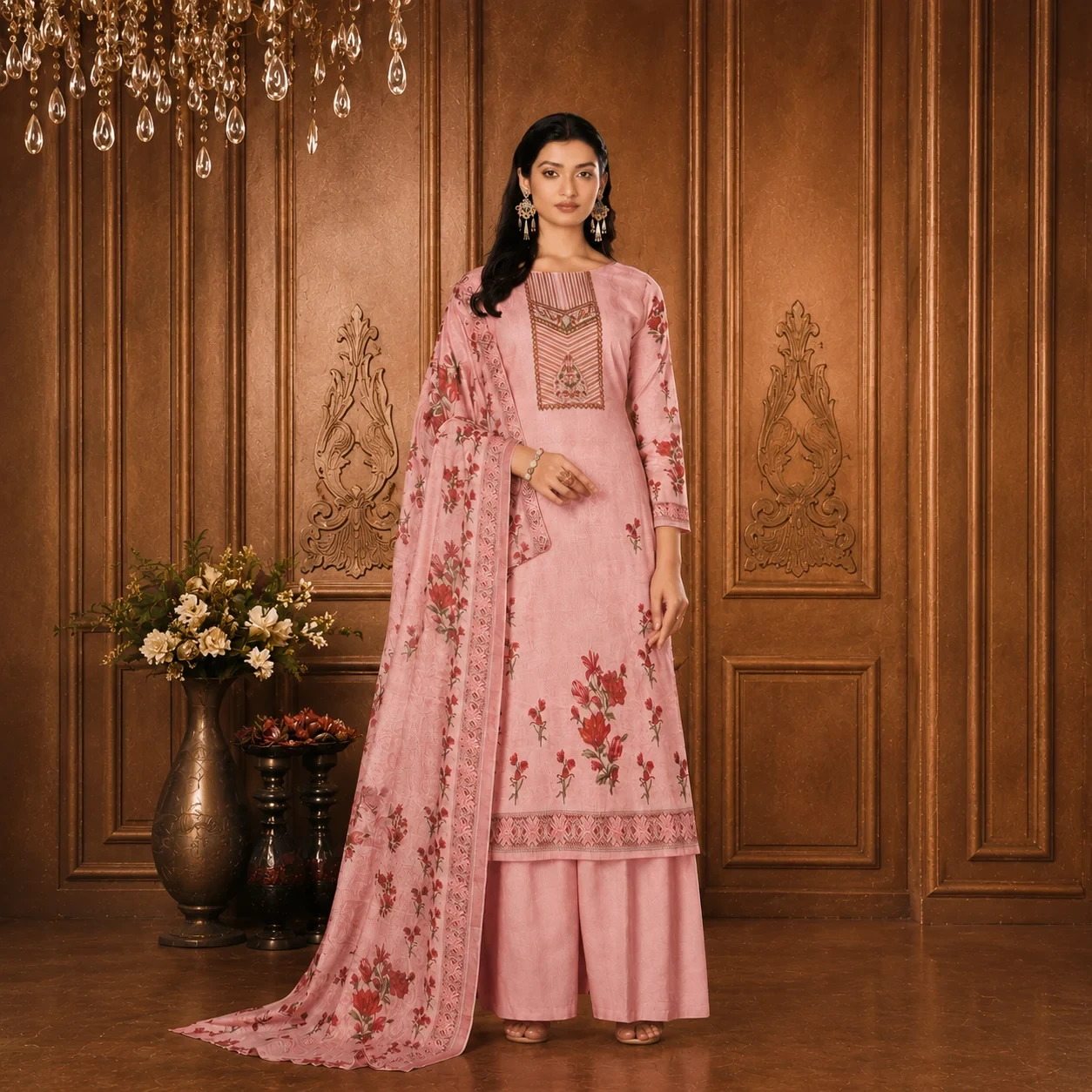 Diya Pink Floral Cotton Unstitched Suit Set