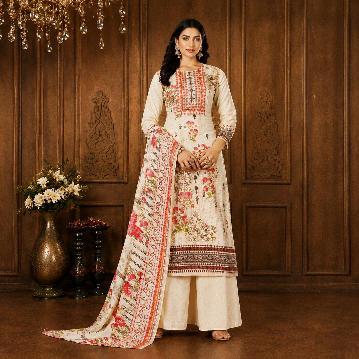 Diya Cream Floral Cotton Unstitched Suit Set